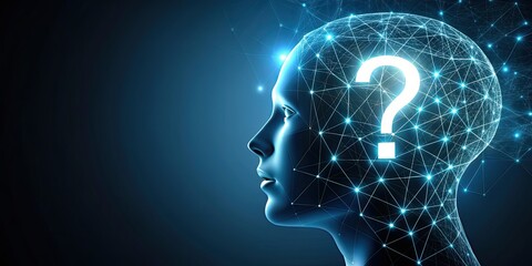 Head silhouette with question mark symbolizing artificial intelligence seeking answers, AI, technology