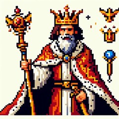 cartoon of a king with a crown and scepter.