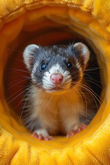 Ferret peeking out of tunnel, colorful play area, soft lighting, closeup