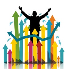 A man is standing in front of a chart with many arrows pointing upwards