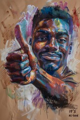 A man is giving a thumbs up in a painting