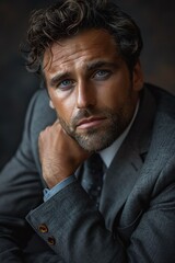 Obraz premium Pensive businessman, slate gray mood, soft frontal lighting