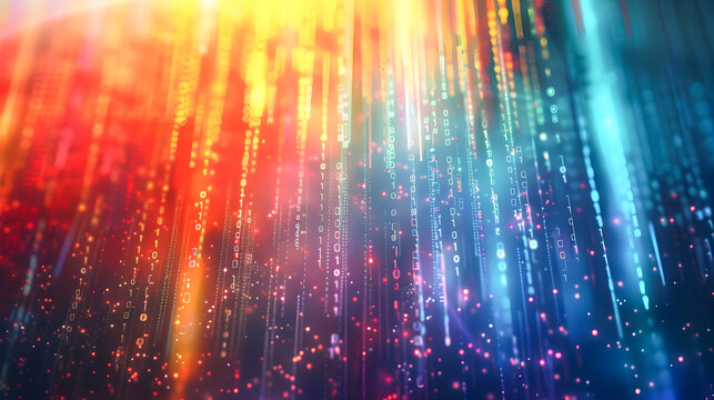 An abstract digital artwork depicting cascading binary code streams blending into a vibrant background of vivid blues reds and yellows  Bright light beams add depth and movement