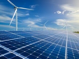 Wind turbine and solar panels generating renewable energy under a blue sky.