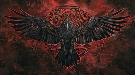 Intricate Celtic Norse knotwork raven with open wings, black and red duo tone, set against a dark and mysterious background