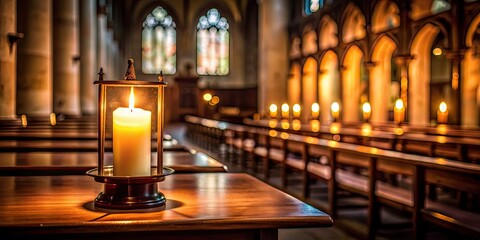 Fototapeta premium Candle lamp glowing on table in dim church, candle, lamp, glow, table, church, religious, atmosphere, vintage, serene, peaceful