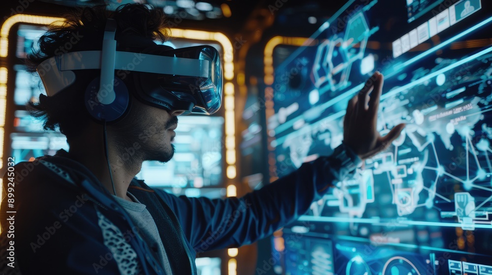 Poster man engaged in a project with a vr headset, participating in an immersive dashboard, tech-driven env
