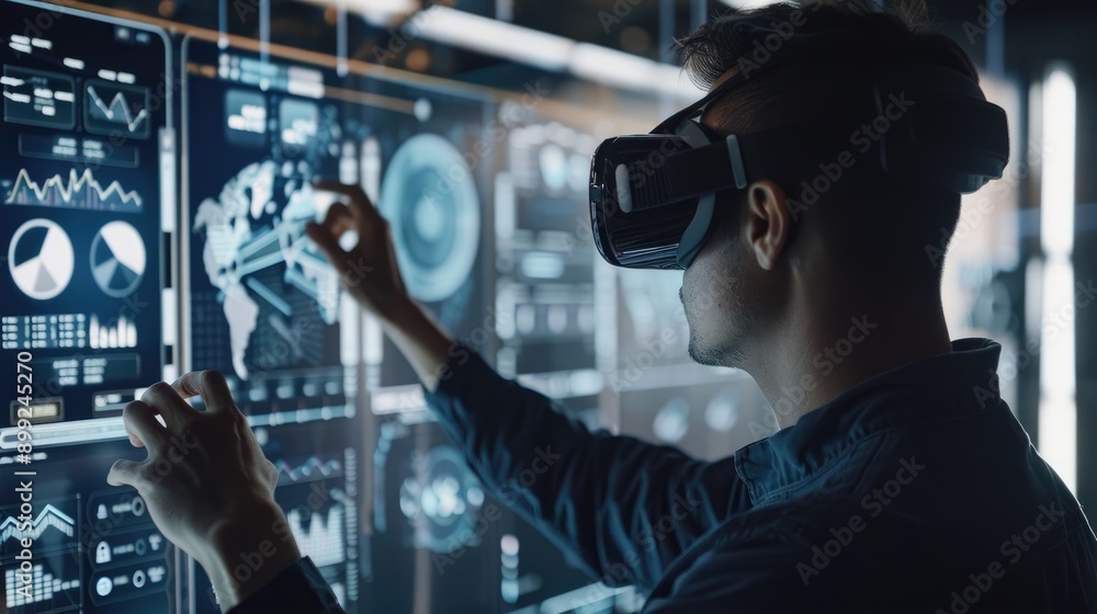 Aufkleber man in vr headset, viewing a project on an immersive dashboard, showcasing advanced technology and i
