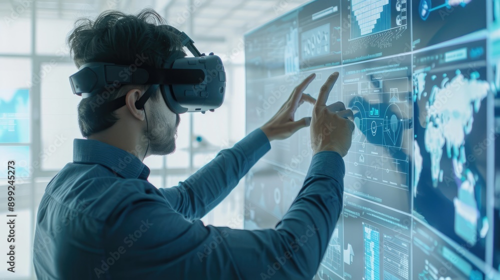 Aufkleber man in vr headset, viewing a project on an immersive dashboard, showcasing advanced technology and i
