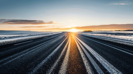 Fototapeta premium Sunset casting long shadows on empty asphalt highway, dramatic and serene, Sunset asphalt road, peaceful journey