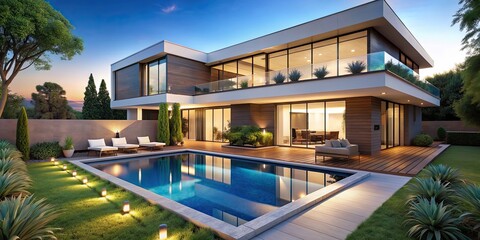 Fototapeta premium Luxurious modern house with elegant pool and landscaped garden , luxury, modern, house, pool, elegant, landscaped, garden