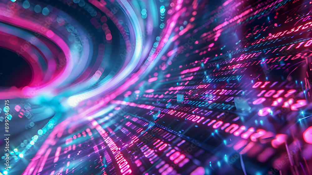 Poster a conceptual art piece depicting data flowing through a virtual environment with binary digits and h