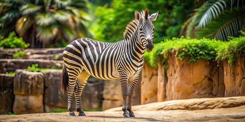 Zebra standing in its habitat at the zoo, Zoo, wildlife, animal, black and white stripes, enclosure, captive