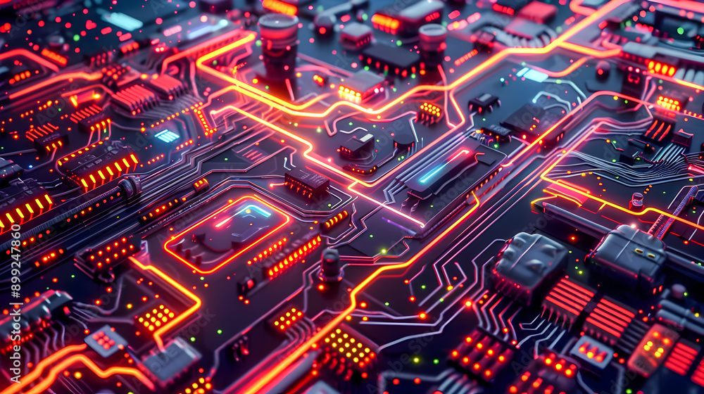 Poster illuminated futuristic circuit board glowing neon traces and digital abstractions a blend of metalli