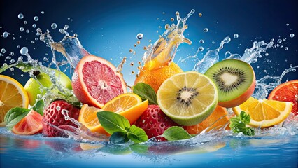 Assorted fresh fruits slices in splashing water, refreshing and vibrant, fruits, slices, water, splashing, freshness