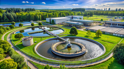 Clean water flows from modern waste processing and water treatment plant, surrounded by lush greenery, showcasing eco-friendly recycling and sustainability initiatives in action.