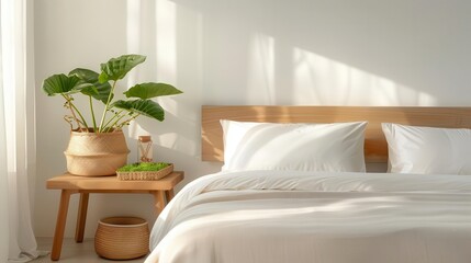 Minimalist bedroom with white bedding, wooden nightstand, and plant.