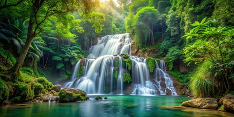 Waterfall cascading through lush jungle forest, scenic green nature landscape, waterfall, jungle, forest, green, nature