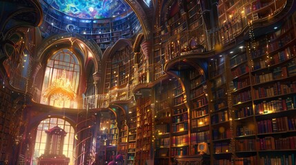 Fototapeta premium Library of the Cosmos, divine, fantasy art style, vibrant colors, digital painting