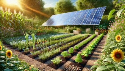 4k 23780 x 2160 image of solar panels installed above a garden, with seeds growing directly underneath. 