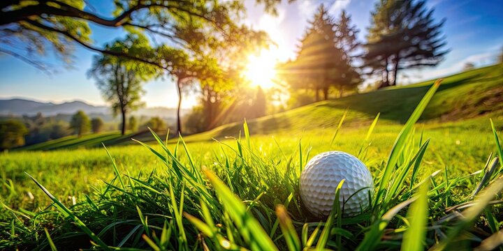 Golf ball lost in rough grass, golfer searching in trees on sunny day in Switzerland, golf, ball, rough grass, golfer
