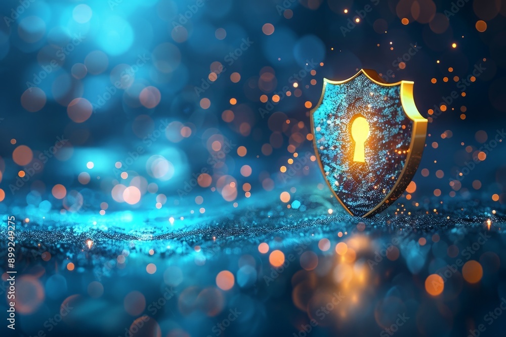 Poster enhanced secure communication icons with realistic shield and lock symbols on gradient blue backgrou