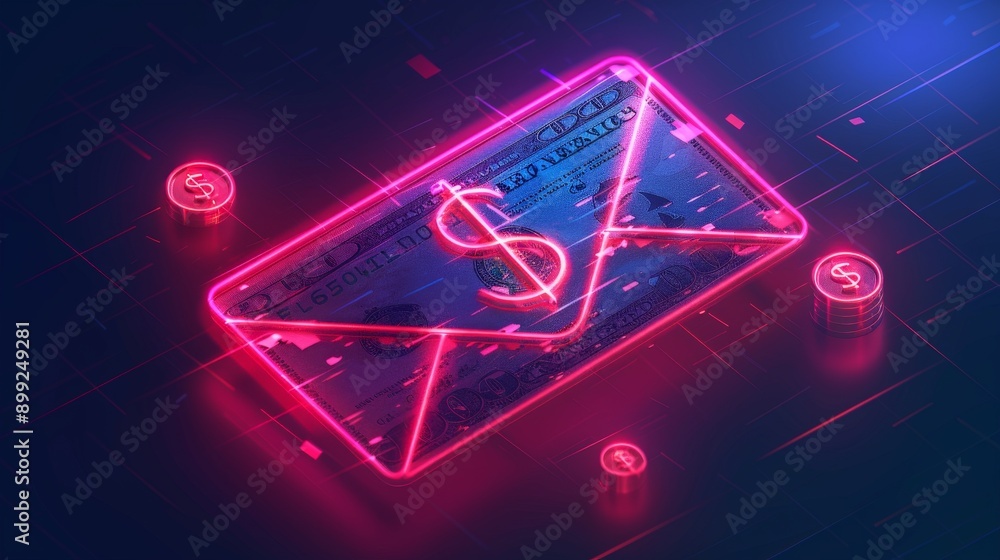 Poster illuminated email communication with currency icons on gradient background - realistic vector illust
