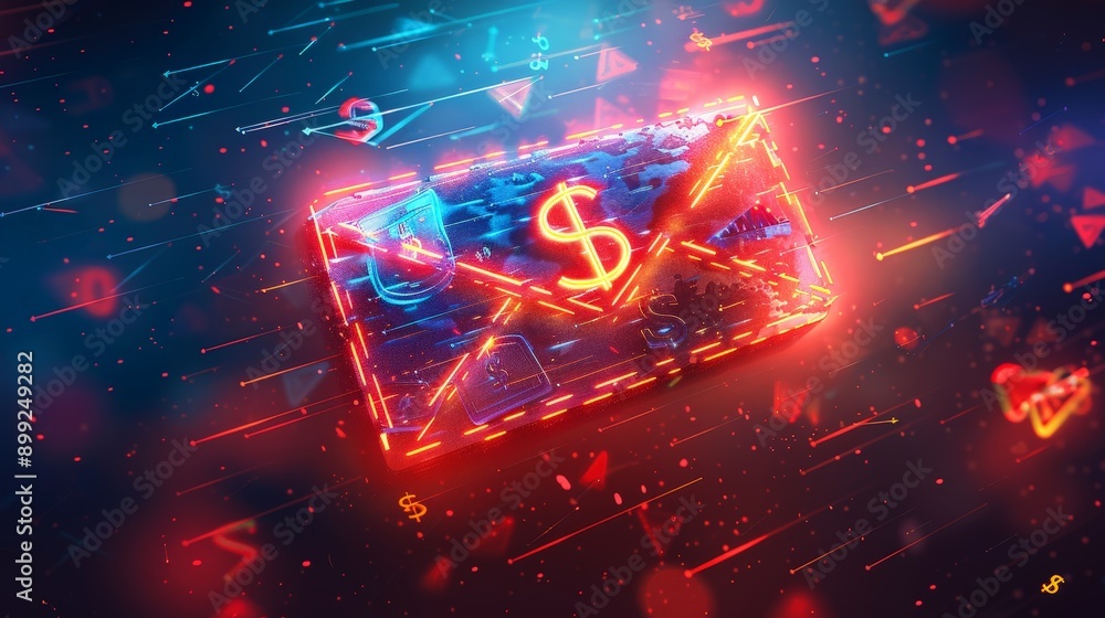 Poster glowing email icon with currency symbols in realistic vector on gradient background