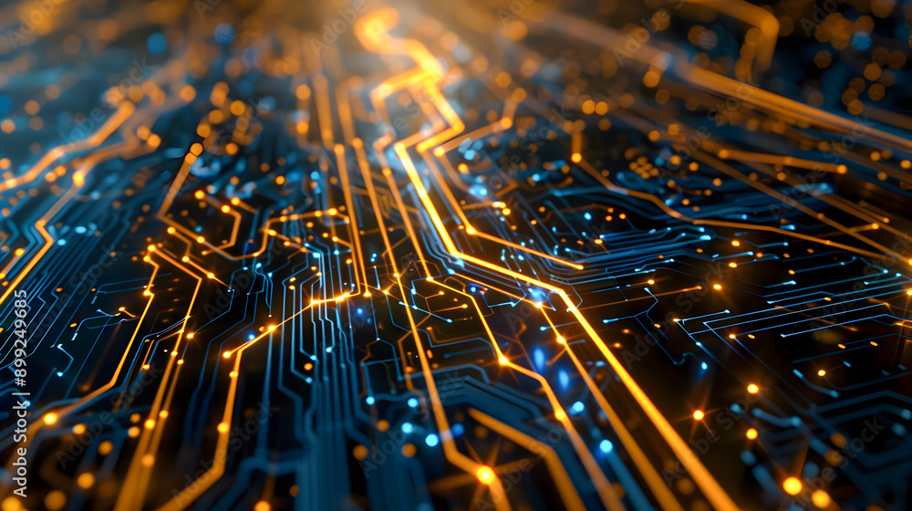 Poster captivating abstract artwork depicting a conceptual circuit board design with luminous pathways intr