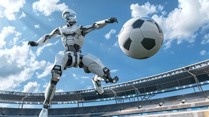 Robot Soccer Player Kicking Ball: A futuristic robot in mid-kick, sending a soccer ball flying across a high-tech stadium. 