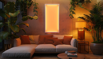 Lively living room with colorful lighting with empty frame