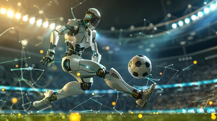 Robot Soccer Player Kicking Ball: A futuristic robot in mid-kick, sending a soccer ball flying across a high-tech stadium.
