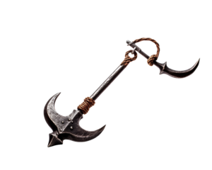 Close-up of a medieval weapon with intricate design, showcasing historical craftsmanship and sharp metal blades against a white background.