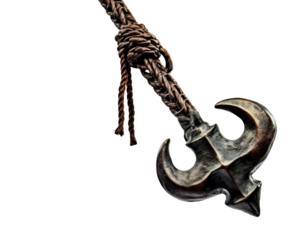 Close-up of a rustic, antique battle axe with a worn handle, isolated on a white background, ideal for historical or fantasy themes.