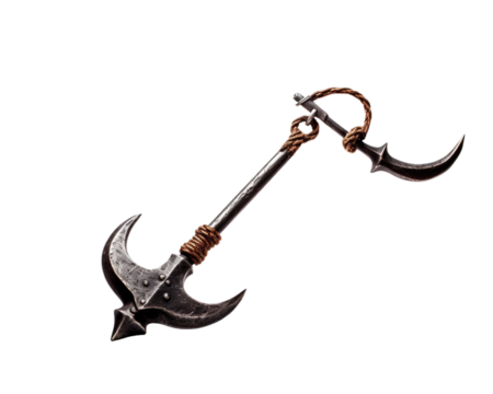 Close-up of a medieval weapon with intricate design, showcasing historical craftsmanship and sharp metal blades against a white background.