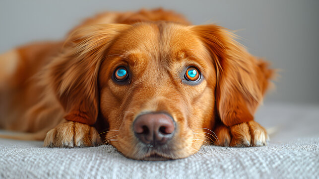 A golden-colored dog lies on a couch, looking directly at the camera with a relaxed and calm expression, capturing a moment of domestic tranquility and companionship.