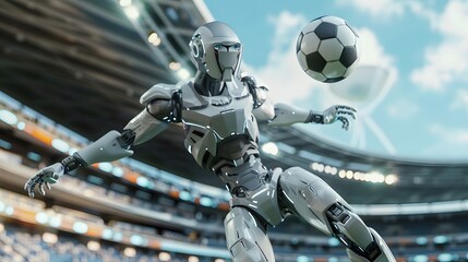 Fototapeta premium Robot Soccer Player Kicking Ball: A futuristic robot in mid-kick, sending a soccer ball flying across a high-tech stadium. 
