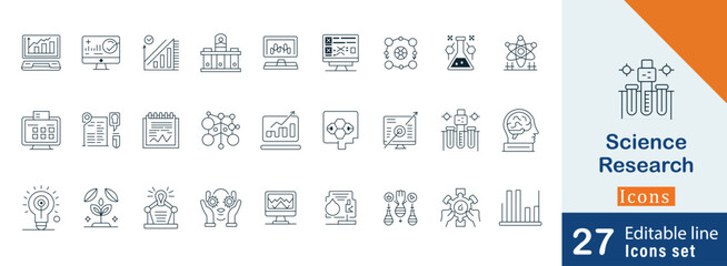 Science research editable stroke  icon set. containing scientific disciplines, research concepts, systematic, interpretation, evaluation data,  brain symbol. simple line art