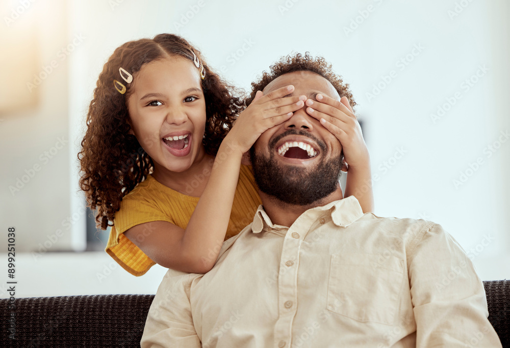 Poster Father, girl and portrait with eyes cover for fun game, bonding and playing hide or seek activity on sofa in home. Happy family, man and child with hand on face with trust, support or laugh with love