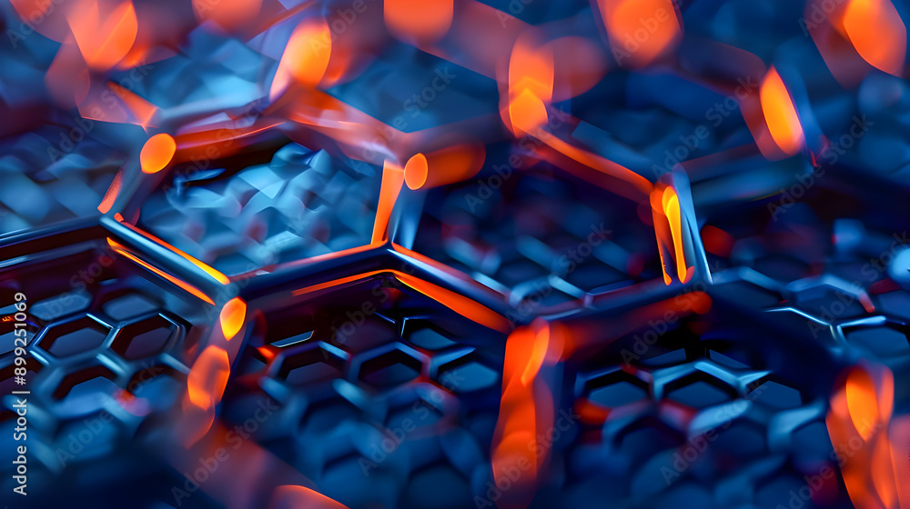 Poster glowing hexagonal lattice structure with vibrant blue and orange tones soft bokeh lights adding dept