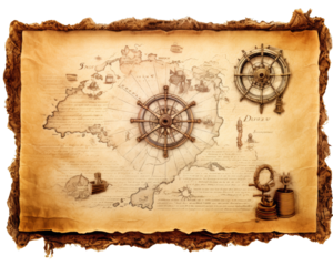 Vintage treasure map with navigation symbols, steering wheels, and ancient imagery on distressed parchment, perfect for adventure themes.