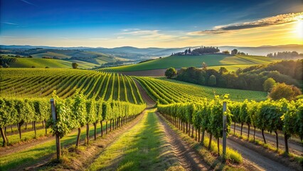 Fototapeta premium Beautiful vineyard in the countryside overlooking rolling hills and a clear blue sky, vineyard, countryside, hills, agriculture