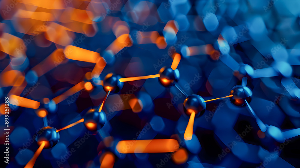 Poster glowing hexagonal lattice structure set against a vibrant blue background with soft bokeh effect sho