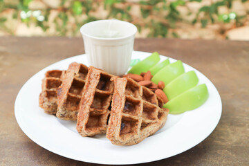 waffle with apple and tea or riceberry waffle , Chocolate Banana Whole Wheat Waffle and almond