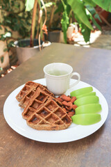waffle with apple and tea or riceberry waffle , Chocolate Banana Whole Wheat Waffle and almond