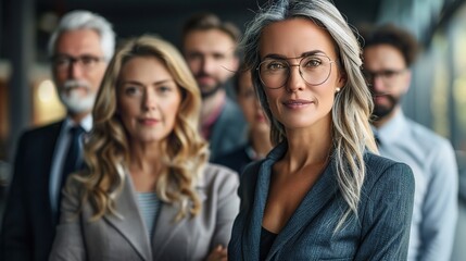 Obraz premium Confident Leadership: A portrait of a diverse business team, with a steely-eyed woman in glasses leading the charge, exuding professionalism and expertise. 