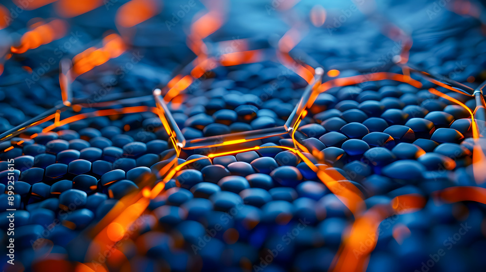 Poster a close up photograph showcasing a mesmerizing hexagonal lattice structure with glowing bright orang