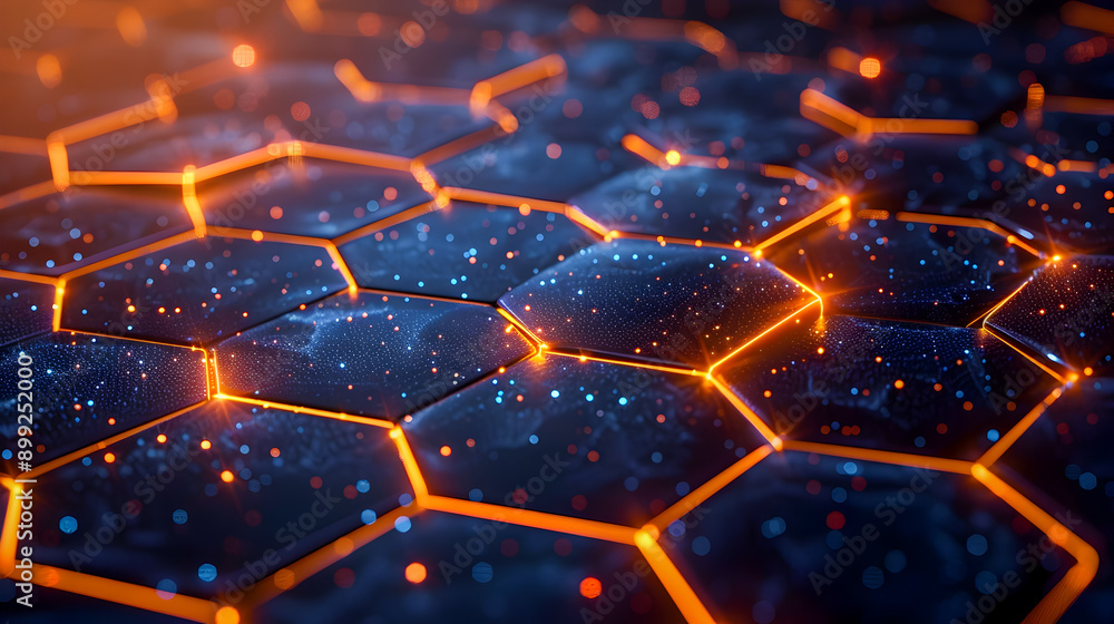 Poster futuristic glowing honeycomb network with each hexagon illuminated from within featuring a mix of or