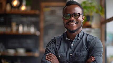 Obraz premium Confident and Content: A portrait of a successful young black businessman, exuding confidence and a positive outlook, captured in a relaxed yet professional setting. 