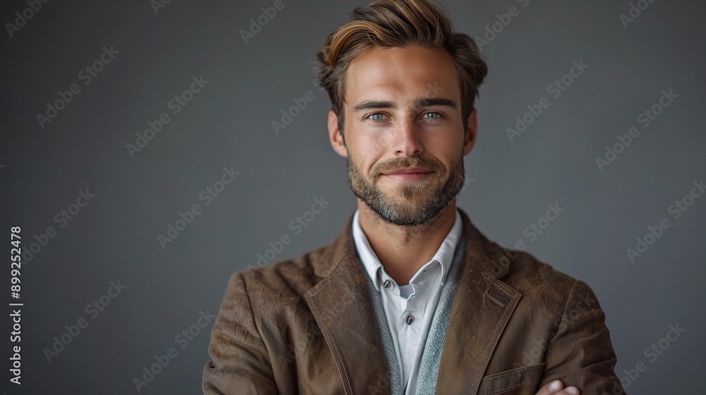 Wall mural Confident Professional: Portrait of a young, stylish businessman in a brown jacket, exuding confidence and charisma against a grey backdrop. 